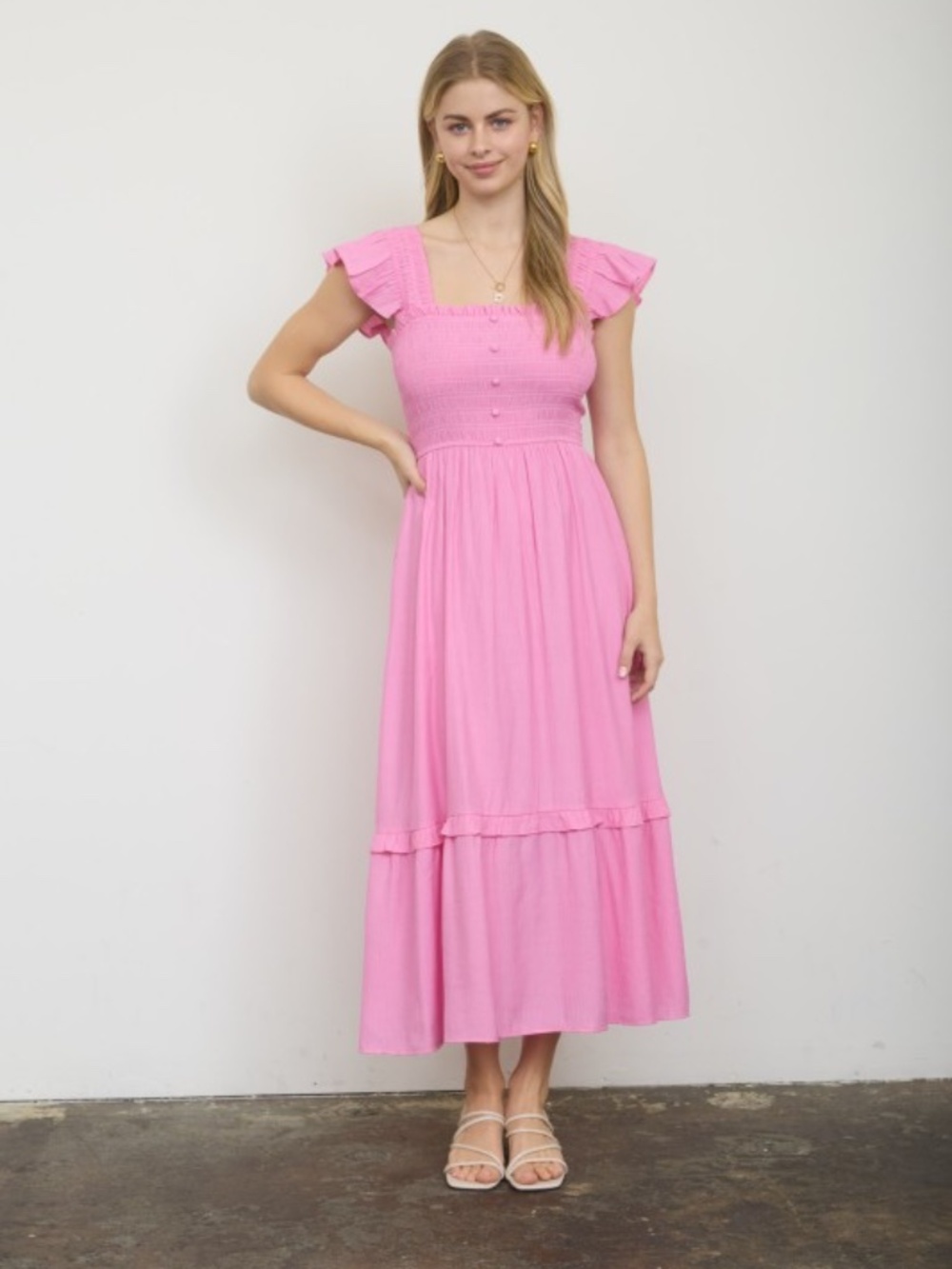 Mock Button Down Smocked Ruffle Detail Midi Dress